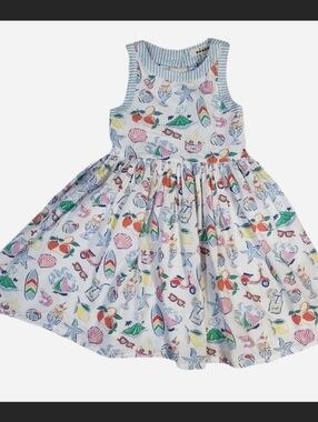Mini Boden Girls 7-8Y Cream Harlow Back Detail Holiday Dress Postcard Print EUC